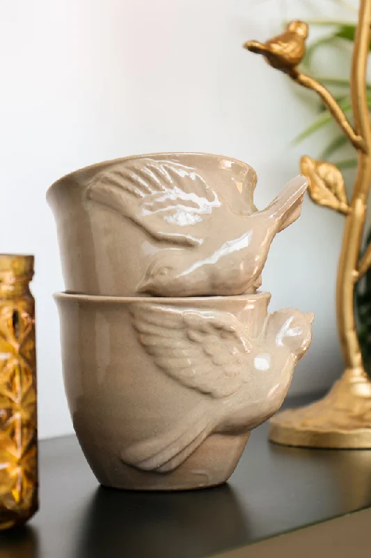 Set Of 2 Taupe Bird Mugs