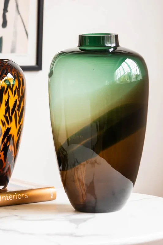 Tall Dark Green & Brown Glass Vase