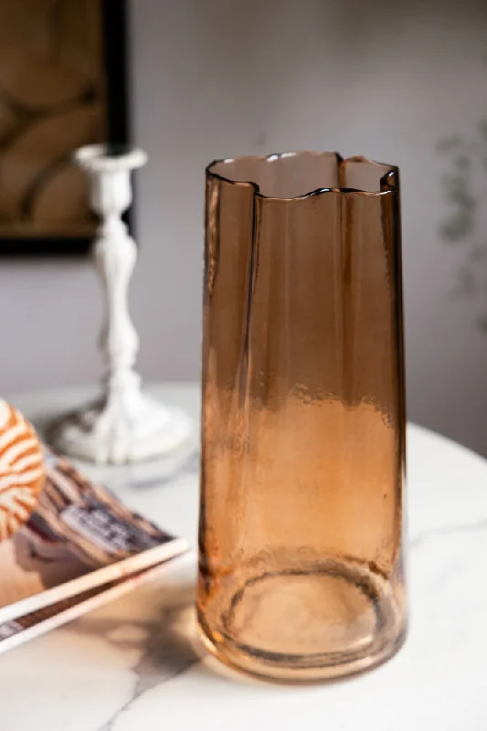 Tall Textured Sandy Brown Curved Glass Vase