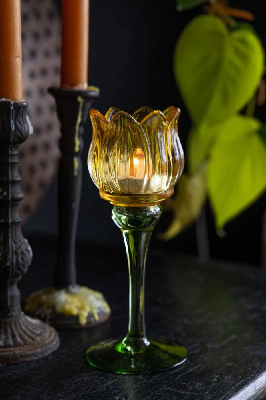 Vintage-Style Yellow Glass Flower Candle Holder