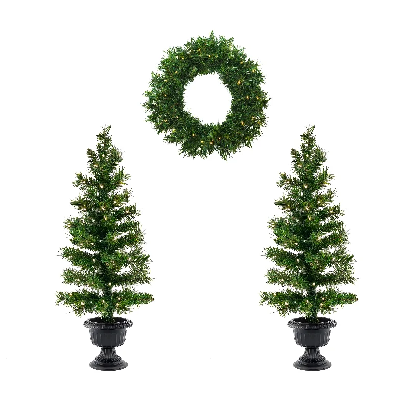 Pre-Lit Warm Welcome Assortment Set of 2 Entrance Trees, 1 Wreath