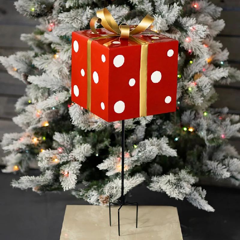 32.5 in Tall Red & White Polka Dot Gift Box Christmas Stake