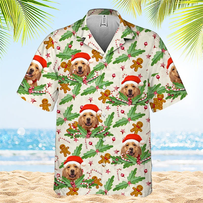 Candy Cane & Gingerbread Pattern - Dog & Cat Personalized Custom Unisex Hawaiian Shirt - Upload Image, Dog Face, Cat Face - Summer Vacation Gift, Gift For Pet Owners, Pet Lovers