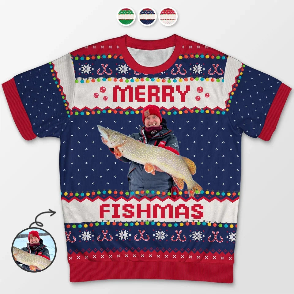 Custom Photo Merry Fishmas - Fishing Personalized Custom All Over Print Adult Short Sleeve Sweater - Christmas Gift For Fishing Lovers, Fisherman