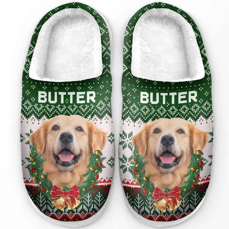 Custom Photo Santa's Little Helper Right Here - Dog & Cat Personalized Custom Fluffy Slippers - Christmas Gift For Pet Owners, Pet Lovers