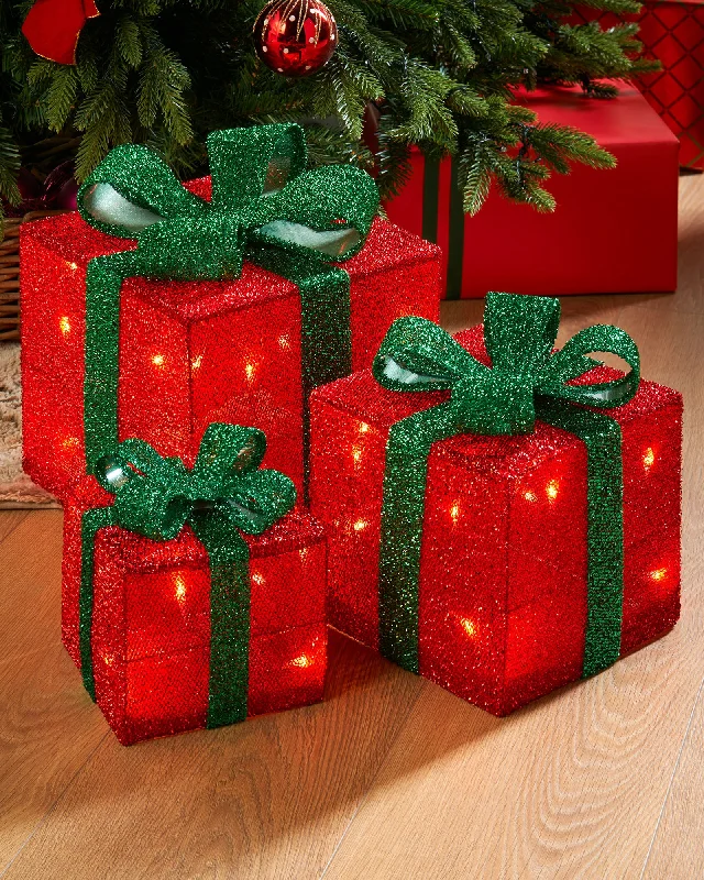 Set of 3 Pre-Lit Gift Box Silhouettes, Red, 26 cm