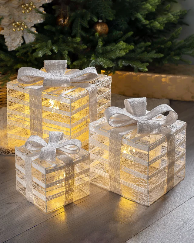 Set of 3 Pre-Lit Paper String and Gauze Gift Boxes, 26 cm